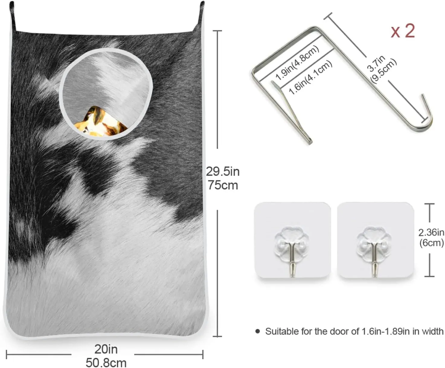Poeticcity Fragment of a Skin of a Cow Black White Real Animal Skin Hanging Laundry Hamper Bag, Dirty Clothes Bag Over The Door, Wall Cloth Basket with Hooks Storage Closet for Bathroom Bedroom