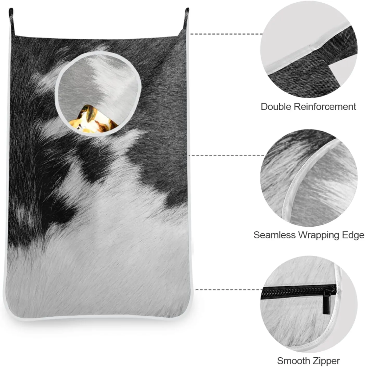 Poeticcity Fragment of a Skin of a Cow Black White Real Animal Skin Hanging Laundry Hamper Bag, Dirty Clothes Bag Over The Door, Wall Cloth Basket with Hooks Storage Closet for Bathroom Bedroom
