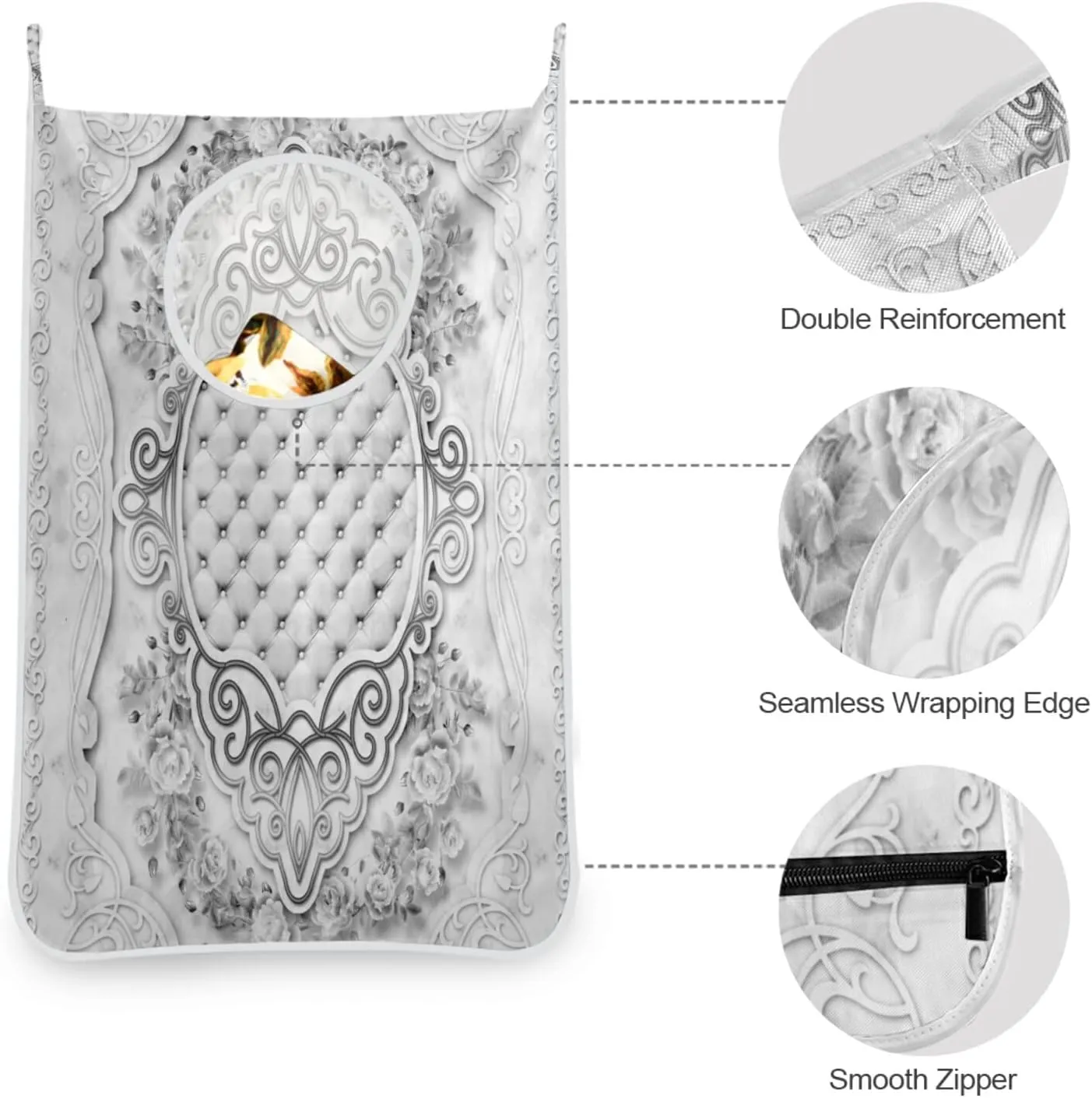 Poeticcity Grey Floral Flower with Pink Marble Stone Texture Hanging Laundry Hamper Bag, Dirty Clothes Bag Over The Door, Wall Cloth Basket with Hooks Storage Closet for Bathroom Bedroom