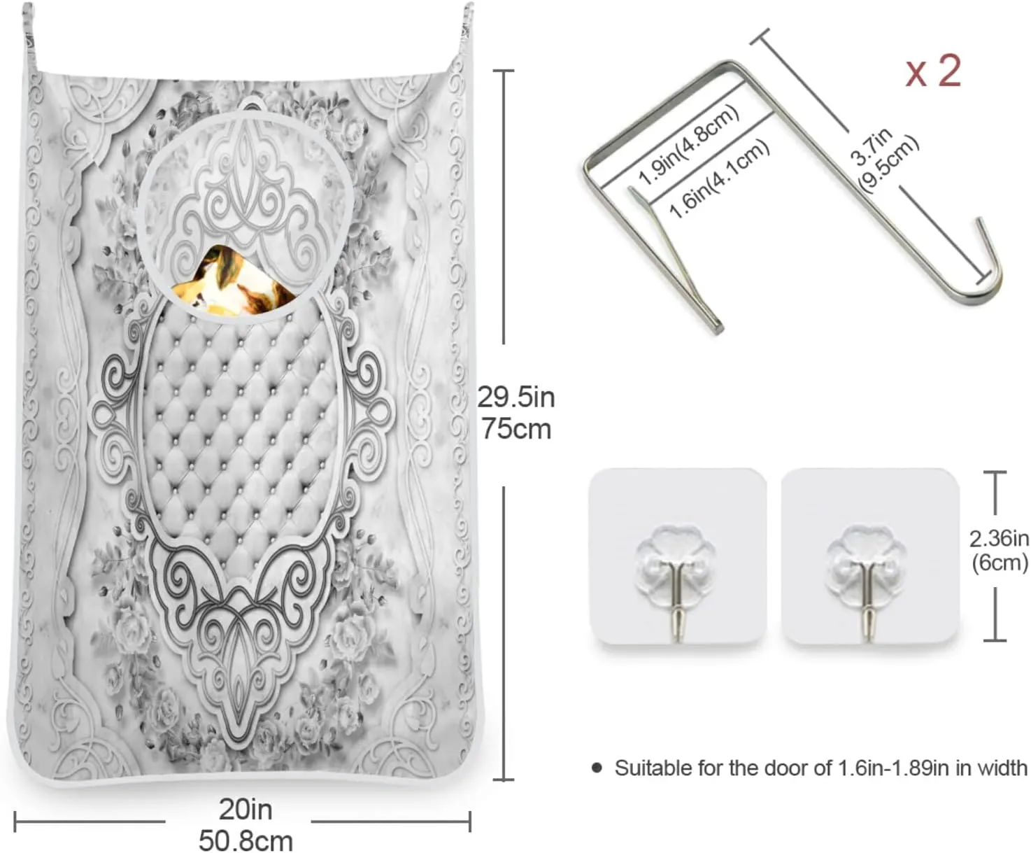 Poeticcity Grey Floral Flower with Pink Marble Stone Texture Hanging Laundry Hamper Bag, Dirty Clothes Bag Over The Door, Wall Cloth Basket with Hooks Storage Closet for Bathroom Bedroom