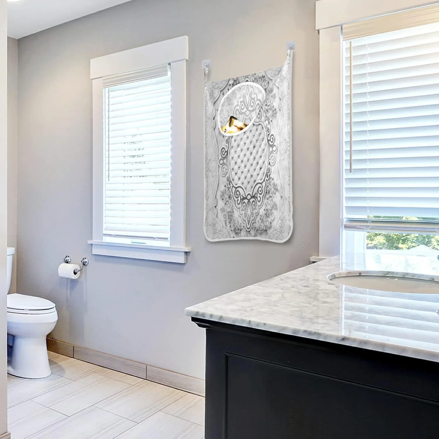 Poeticcity Grey Floral Flower with Pink Marble Stone Texture Hanging Laundry Hamper Bag, Dirty Clothes Bag Over The Door, Wall Cloth Basket with Hooks Storage Closet for Bathroom Bedroom