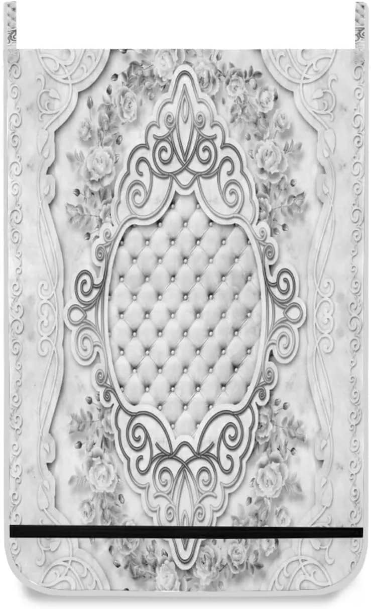 Poeticcity Grey Floral Flower with Pink Marble Stone Texture Hanging Laundry Hamper Bag, Dirty Clothes Bag Over The Door, Wall Cloth Basket with Hooks Storage Closet for Bathroom Bedroom