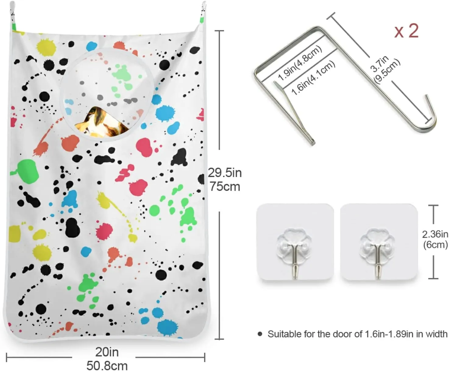 Poeticcity Seamless Colorful Ink Spray Brushes Dots Spots Stains on White Hanging Laundry Hamper Bag, Dirty Clothes Bag Over The Door, Wall Cloth Basket with Hooks Storage Closet for Bathroom Bedroom