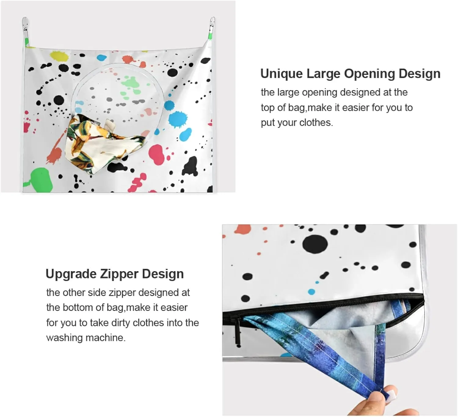 Poeticcity Seamless Colorful Ink Spray Brushes Dots Spots Stains on White Hanging Laundry Hamper Bag, Dirty Clothes Bag Over The Door, Wall Cloth Basket with Hooks Storage Closet for Bathroom Bedroom