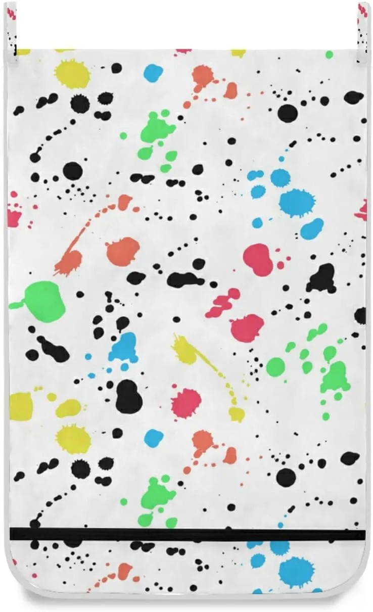 Poeticcity Seamless Colorful Ink Spray Brushes Dots Spots Stains on White Hanging Laundry Hamper Bag, Dirty Clothes Bag Over The Door, Wall Cloth Basket with Hooks Storage Closet for Bathroom Bedroom