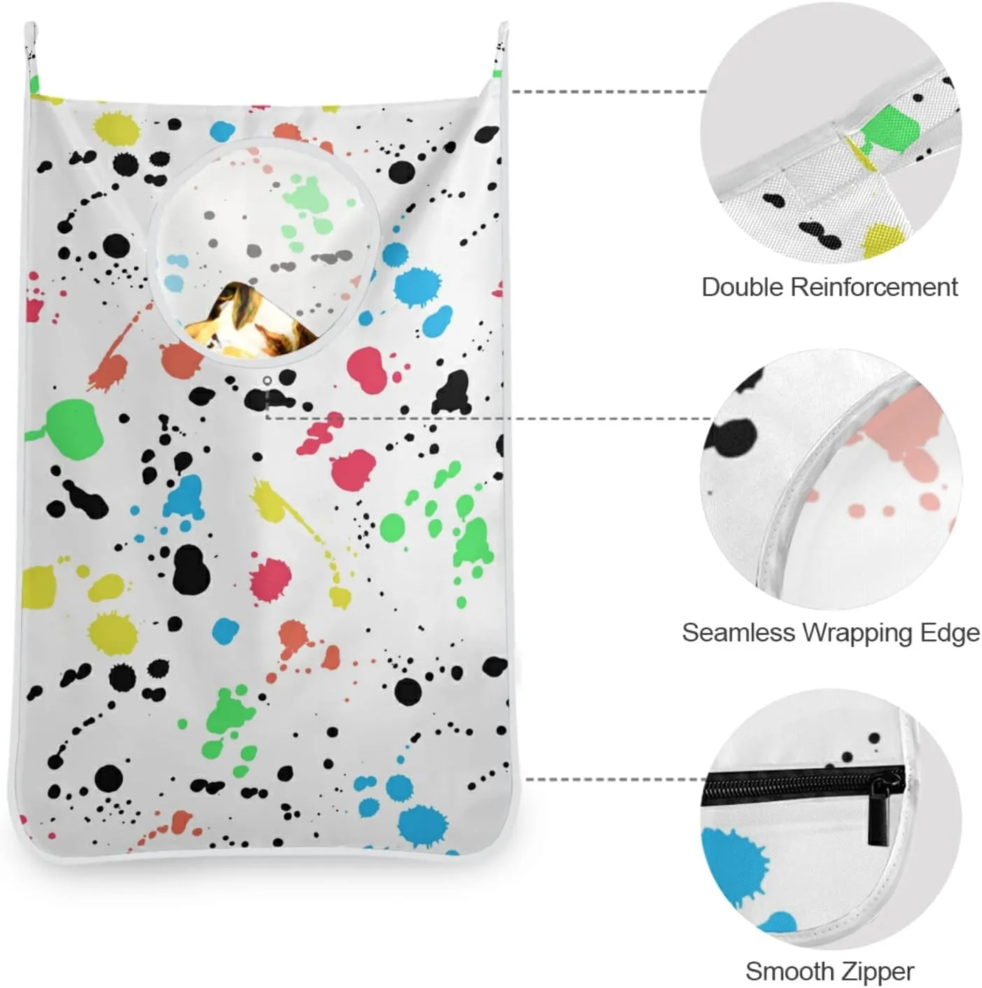 Poeticcity Seamless Colorful Ink Spray Brushes Dots Spots Stains on White Hanging Laundry Hamper Bag, Dirty Clothes Bag Over The Door, Wall Cloth Basket with Hooks Storage Closet for Bathroom Bedroom