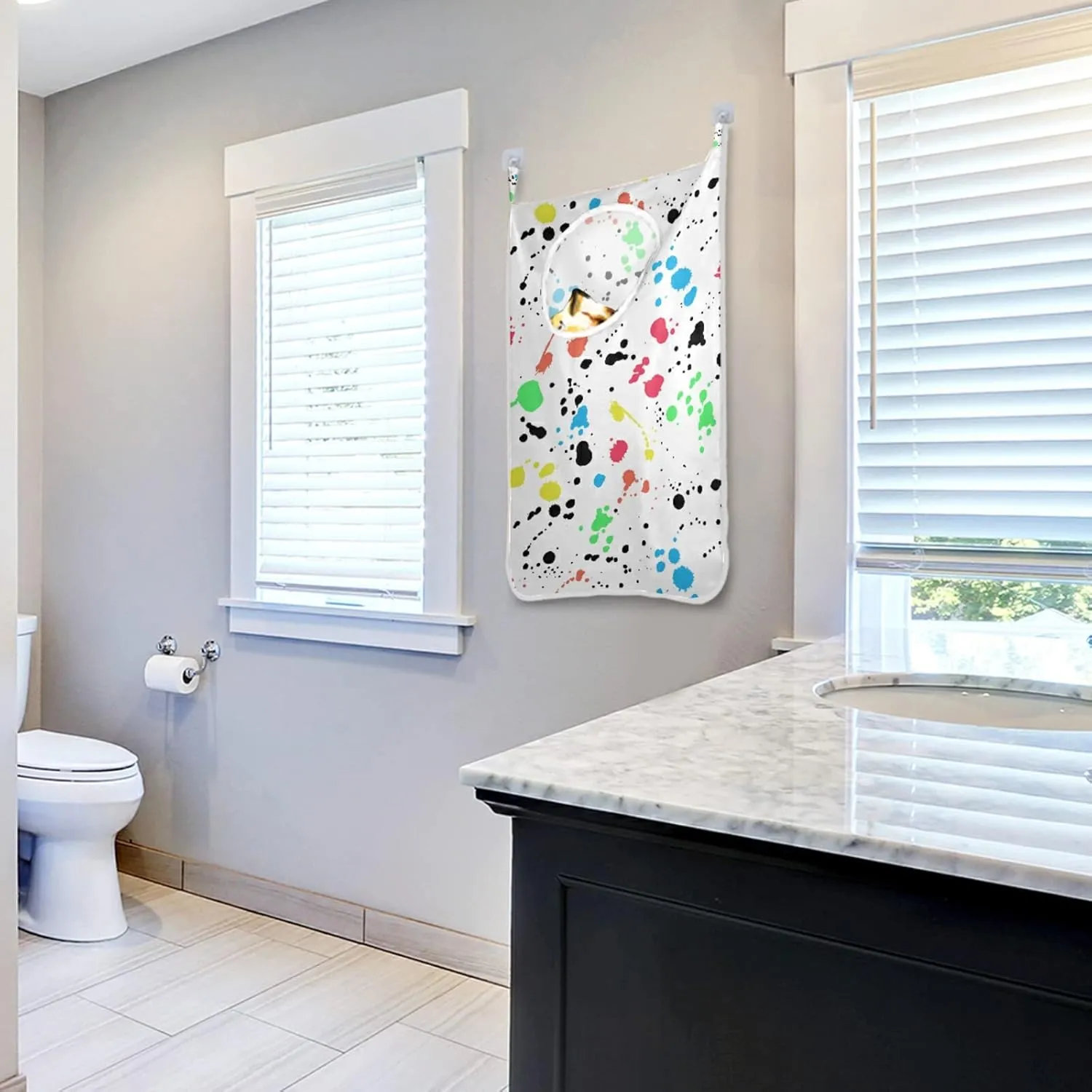 Poeticcity Seamless Colorful Ink Spray Brushes Dots Spots Stains on White Hanging Laundry Hamper Bag, Dirty Clothes Bag Over The Door, Wall Cloth Basket with Hooks Storage Closet for Bathroom Bedroom