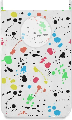 Poeticcity Seamless Colorful Ink Spray Brushes Dots Spots Stains on White Hanging Laundry Hamper Bag, Dirty Clothes Bag Over The Door, Wall Cloth Basket with Hooks Storage Closet for Bathroom Bedroom