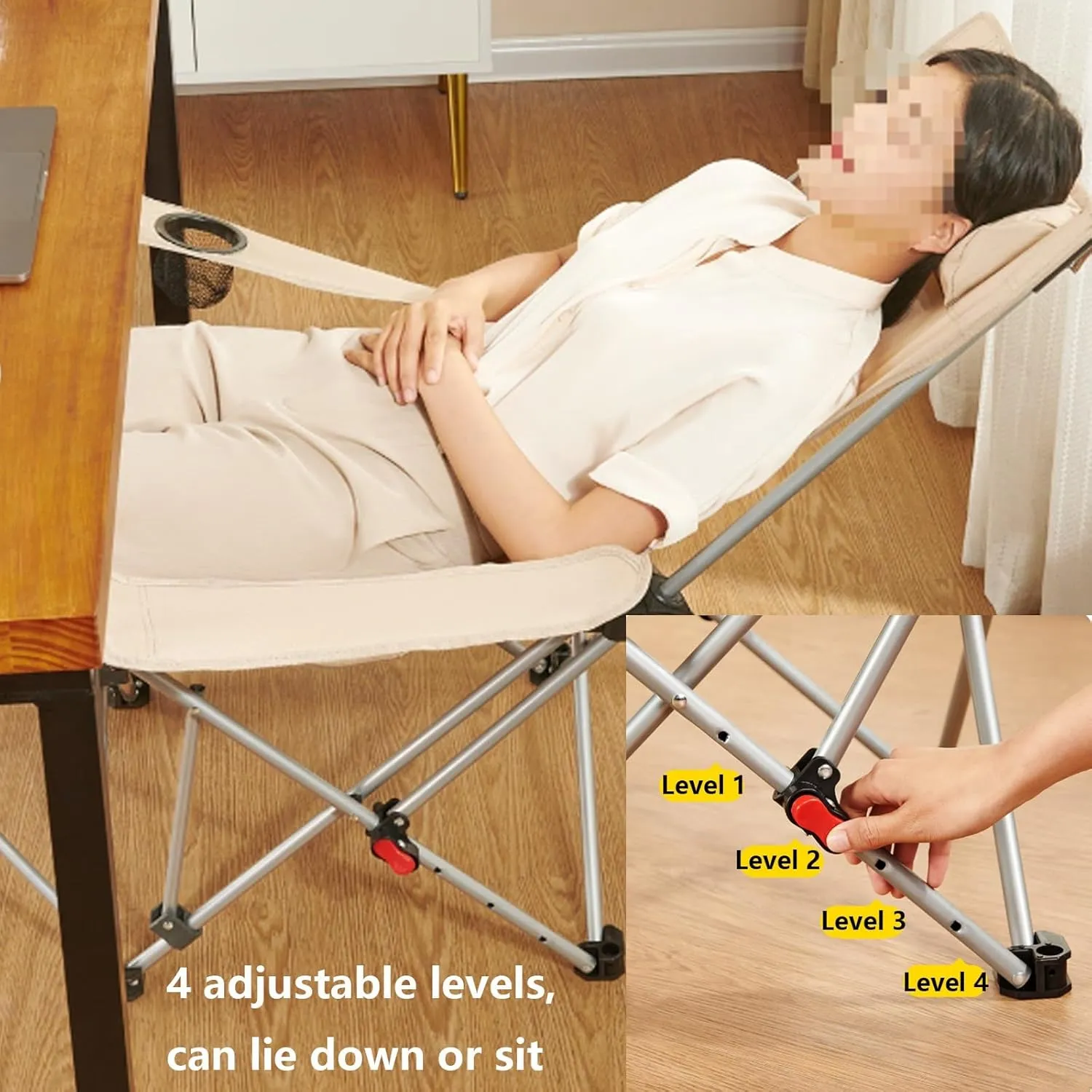 Portable Lunch Break Recliner Chair Comfortable Lounge Beach Chair for Adults Portable Folding Camp Chairs 4 Adjustable Levels 130kg Weight Capacity(Black)
