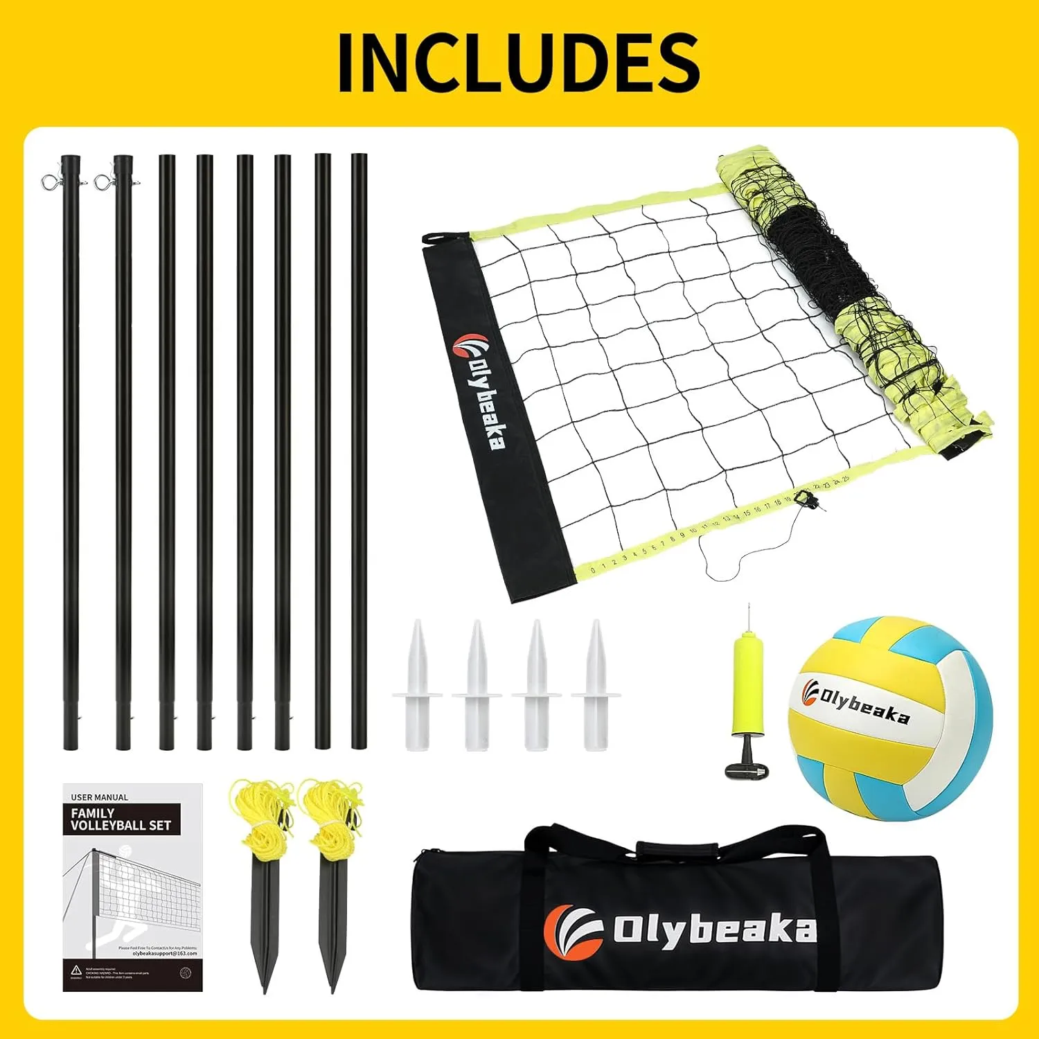 Portable Outdoor Volleyball Net Set for Backyard Beach with Adjustable Poles, Durable 20ft/32ft Net, Soft PU Volleyball & Pump, Carry Bag - Easy Set Up & Durable