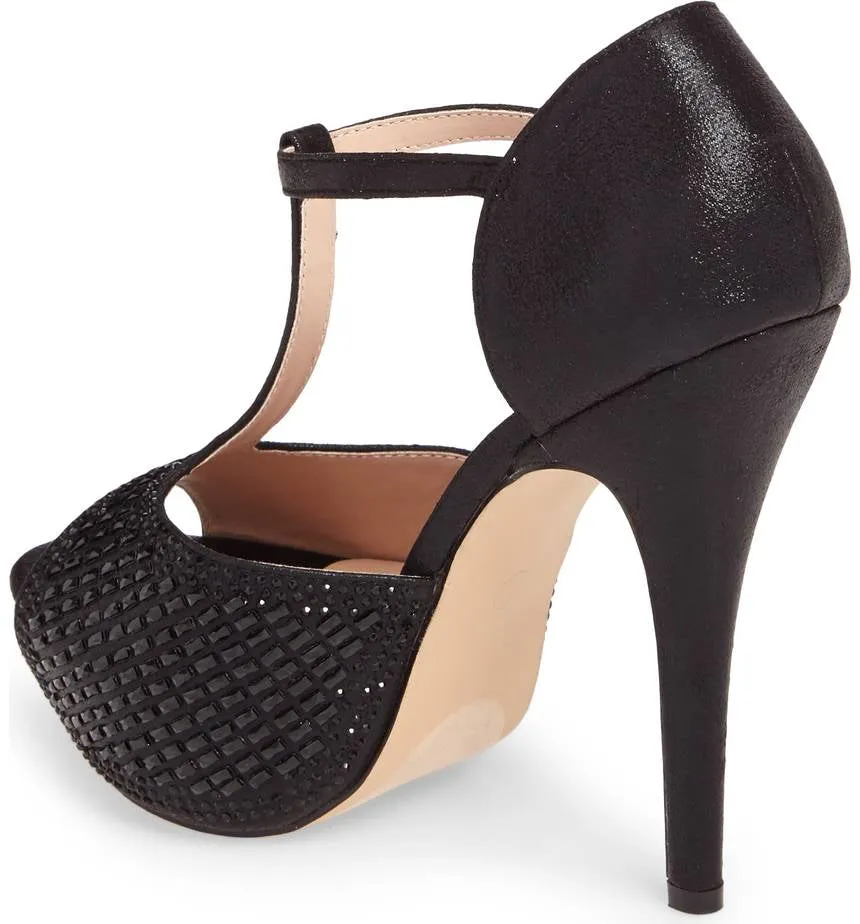 Prompt response Vivian Lauren Embellished Black Sandal Pump Professional T-Strap High Lorraine Heel Crystal