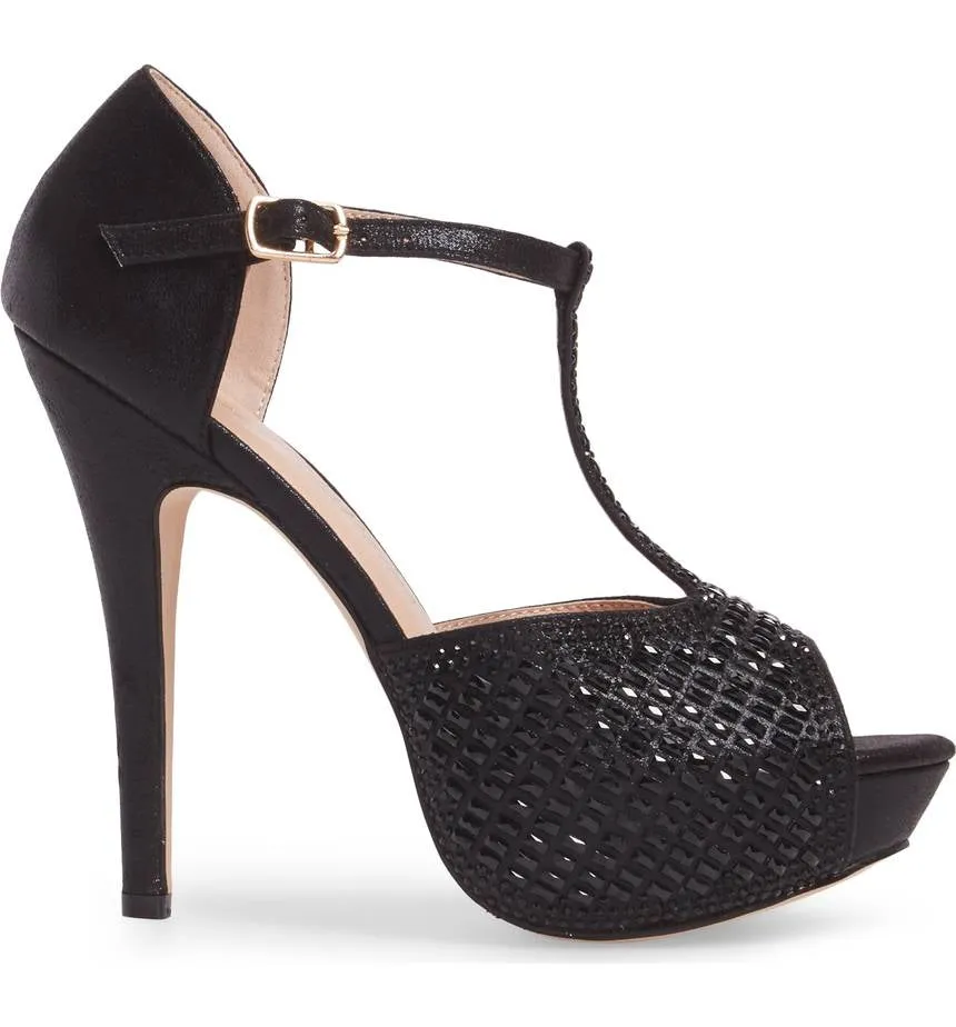 Prompt response Vivian Lauren Embellished Black Sandal Pump Professional T-Strap High Lorraine Heel Crystal