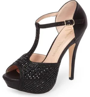 Prompt response Vivian Lauren Embellished Black Sandal Pump Professional T-Strap High Lorraine Heel Crystal