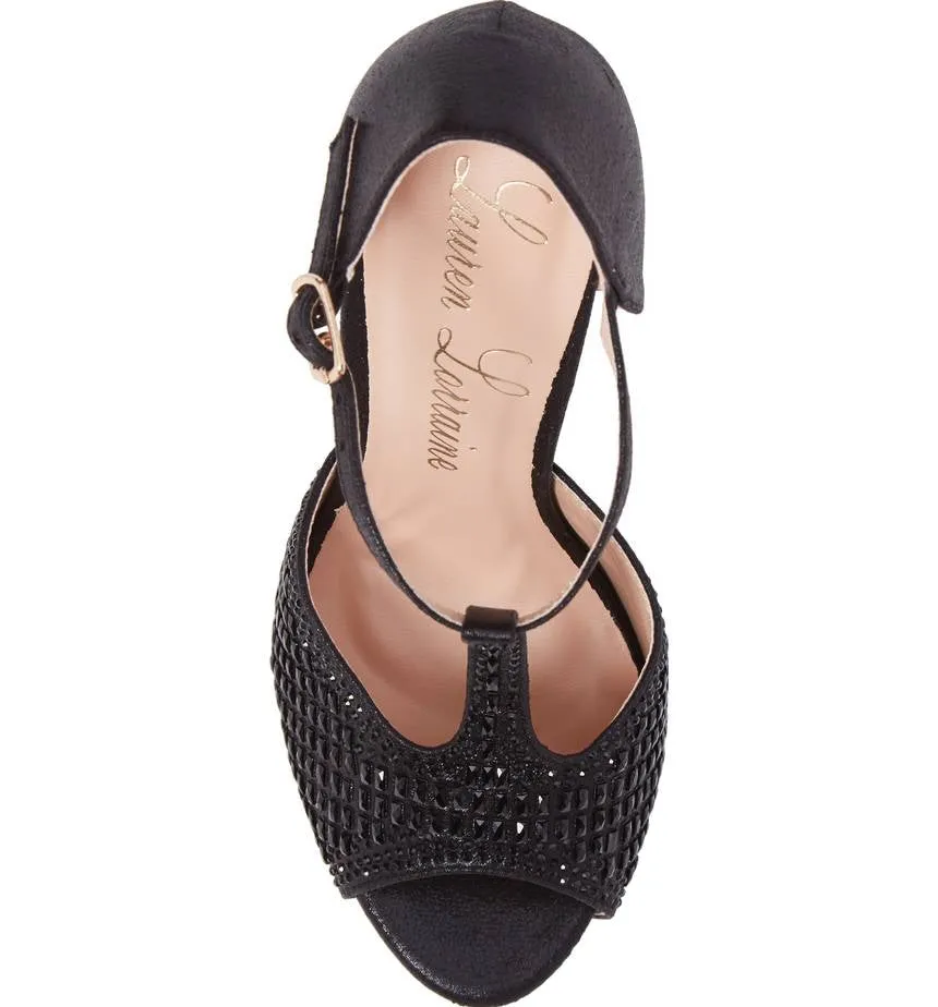 Prompt response Vivian Lauren Embellished Black Sandal Pump Professional T-Strap High Lorraine Heel Crystal