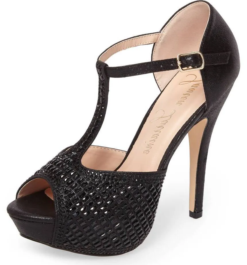Prompt response Vivian Lauren Embellished Black Sandal Pump Professional T-Strap High Lorraine Heel Crystal