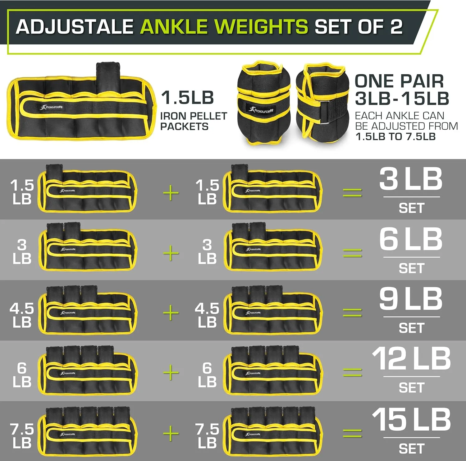 ProsourceFit Ankle/Wrist and Arm/Leg Weights Set of 2, Adjustable Strap 1 lb-5 lb, Adjustable Weight 15 lb, 10 lb, 7 lb for Men and Women