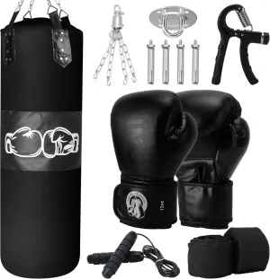 Punching Bag for Adults, Hanging Punching Bag with 12OZ Boxing Gloves, Chains, Wristband, Hand Grip Strengthener, Jump Rope, Heavy Boxing Bag for Training, Karate, Kickboxing, Muay Thai