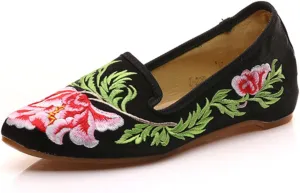 Qhome Women's Chinese Peony Floral Embroidery Pointed-Toe Comfortable Satin Casual Mules Flat Shoes