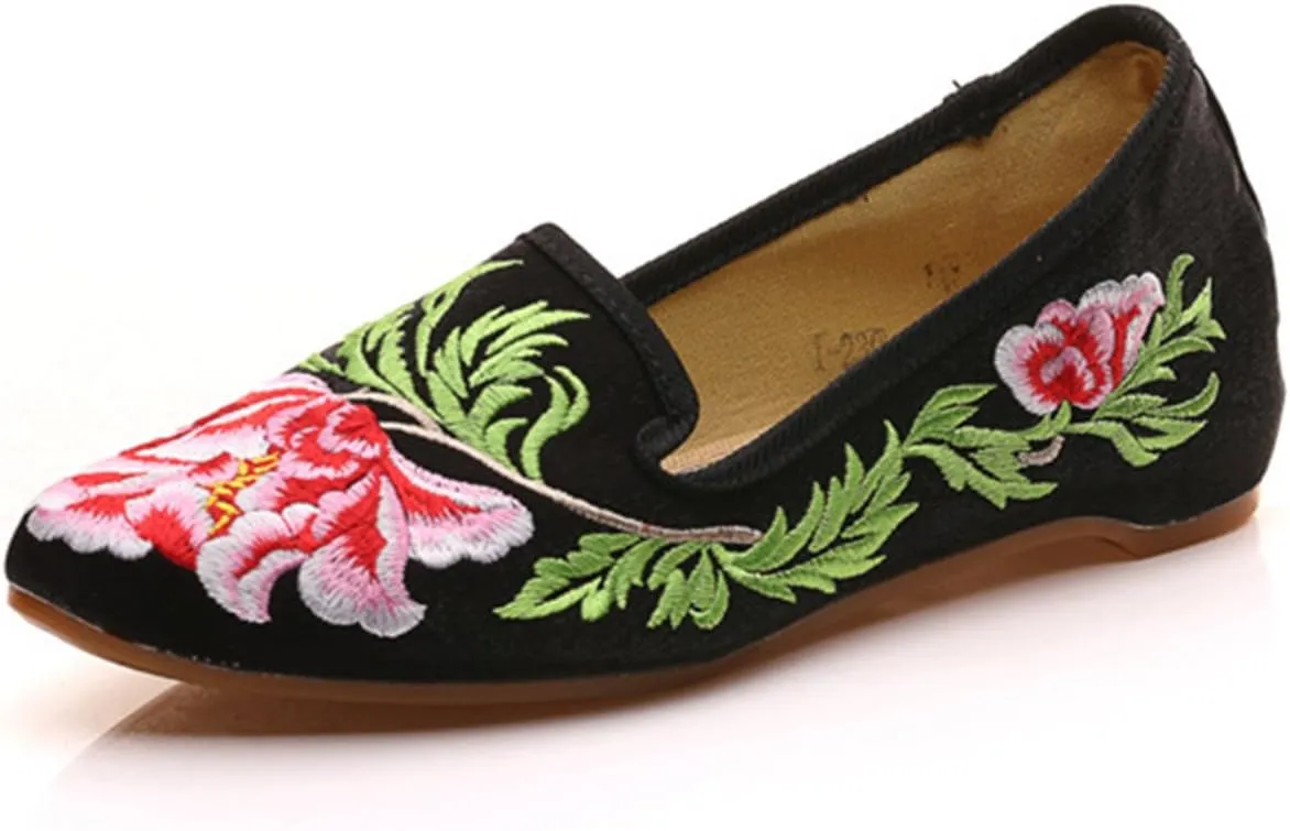 Qhome Women's Chinese Peony Floral Embroidery Pointed-Toe Comfortable Satin Casual Mules Flat Shoes