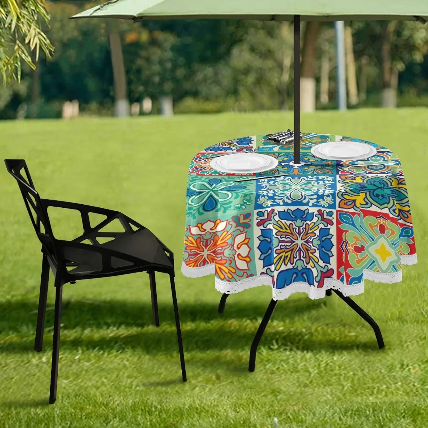Qilmy Mexican Talavera Outdoor Tablecloth 60 Inch Waterproof Round Tablecloth with Umbrella Hole and Zipper for Backyard Party BBQ Decor