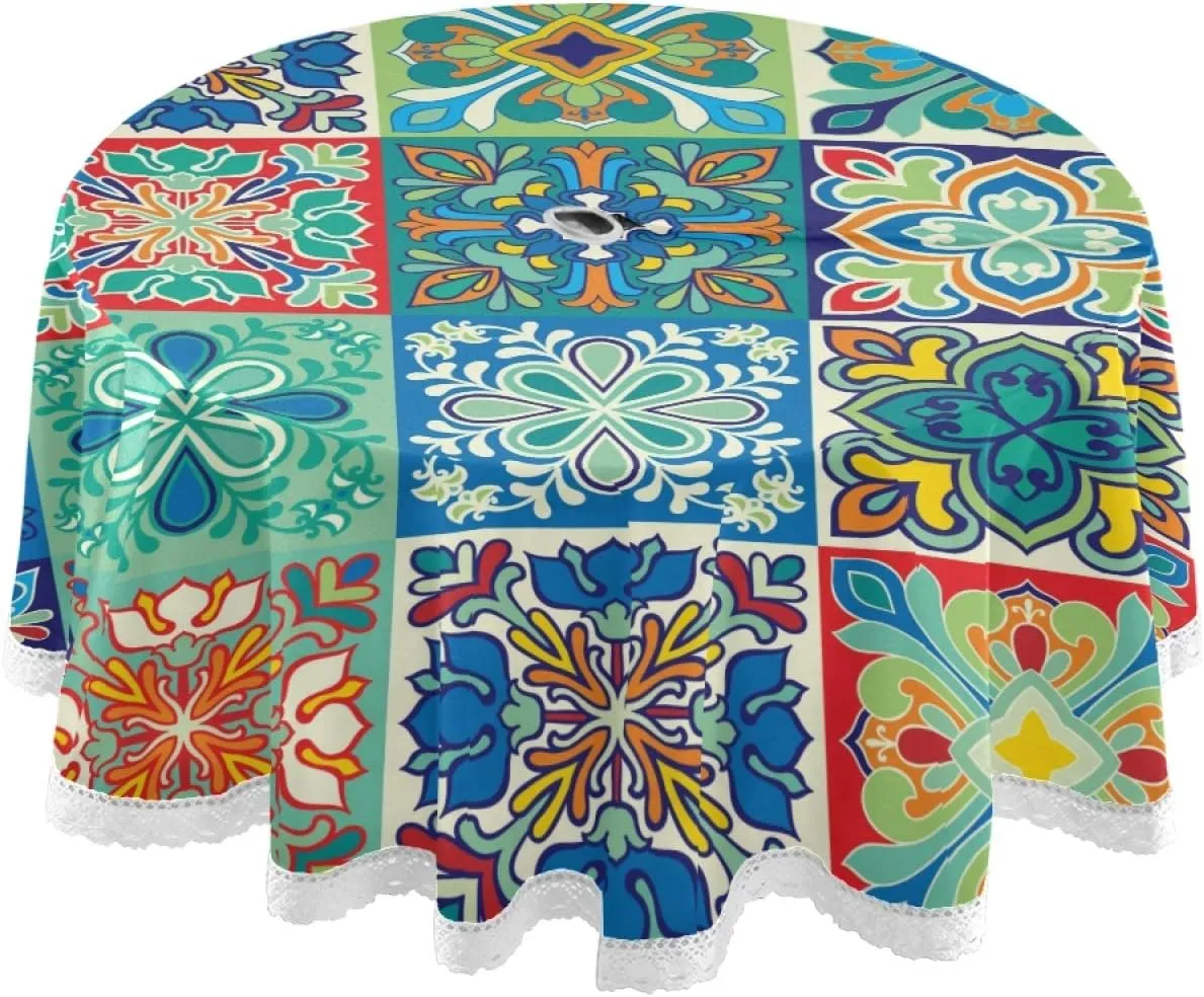 Qilmy Mexican Talavera Outdoor Tablecloth 60 Inch Waterproof Round Tablecloth with Umbrella Hole and Zipper for Backyard Party BBQ Decor