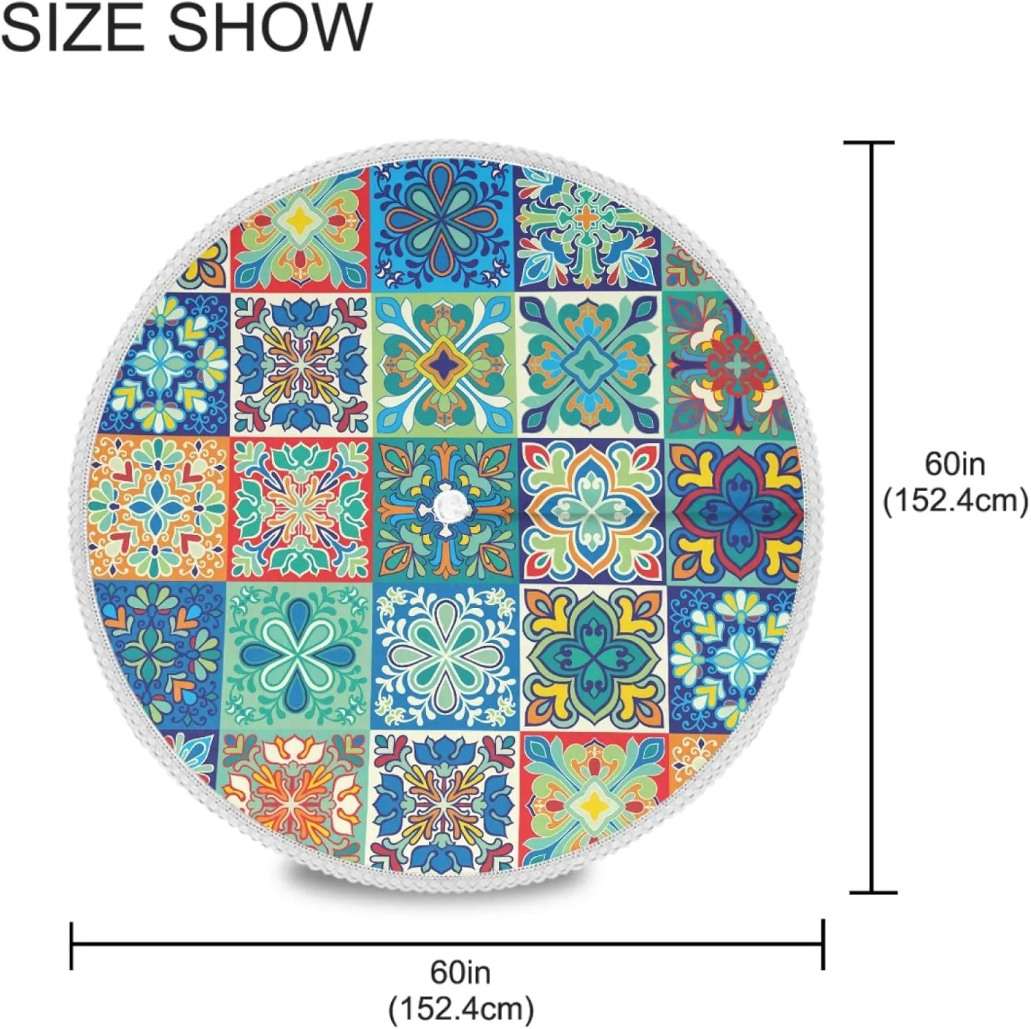 Qilmy Mexican Talavera Outdoor Tablecloth 60 Inch Waterproof Round Tablecloth with Umbrella Hole and Zipper for Backyard Party BBQ Decor