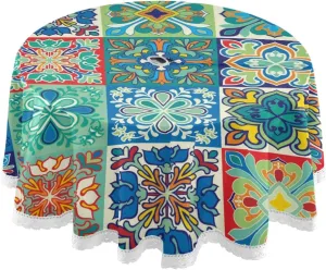 Qilmy Mexican Talavera Outdoor Tablecloth 60 Inch Waterproof Round Tablecloth with Umbrella Hole and Zipper for Backyard Party BBQ Decor