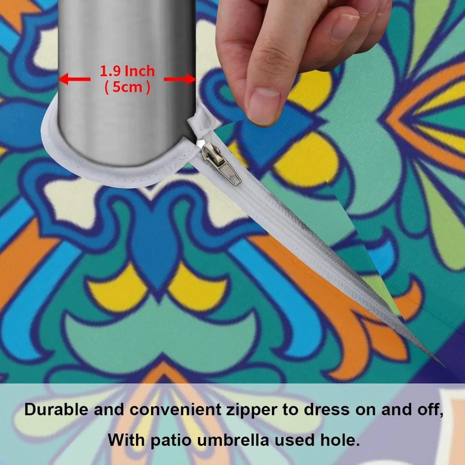 Qilmy Mexican Talavera Outdoor Tablecloth 60 Inch Waterproof Round Tablecloth with Umbrella Hole and Zipper for Backyard Party BBQ Decor