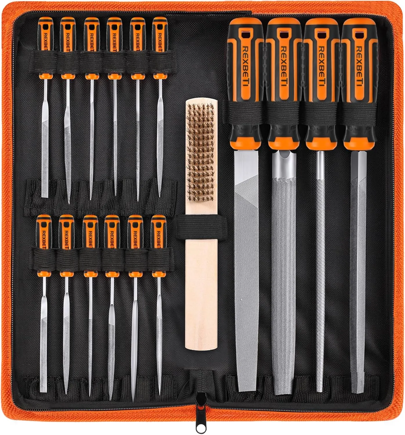 REXBETI 25Pcs Metal File Set, Premium Grade T12 Drop Forged Alloy Steel, Flat/Triangle/Half-round/Round Large File and 12pcs Needle Files with Carry Case, 6pcs Sandpaper, Brush, A Pair Working Gloves