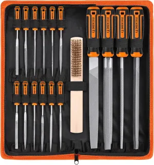 REXBETI 25Pcs Metal File Set, Premium Grade T12 Drop Forged Alloy Steel, Flat/Triangle/Half-round/Round Large File and 12pcs Needle Files with Carry Case, 6pcs Sandpaper, Brush, A Pair Working Gloves