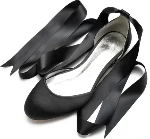 Ribbon Tie Wedding Flats for Bride 5047-62 Satin Comfortable Round Toe Party Dress Pumps Ballet Flat Shoes