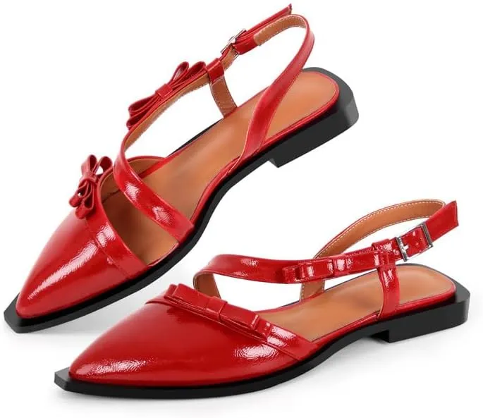 richealnini Pointed Toe Flat Pumps Slip On Slingback with Buckles and Bows