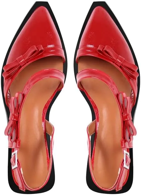 richealnini Pointed Toe Flat Pumps Slip On Slingback with Buckles and Bows