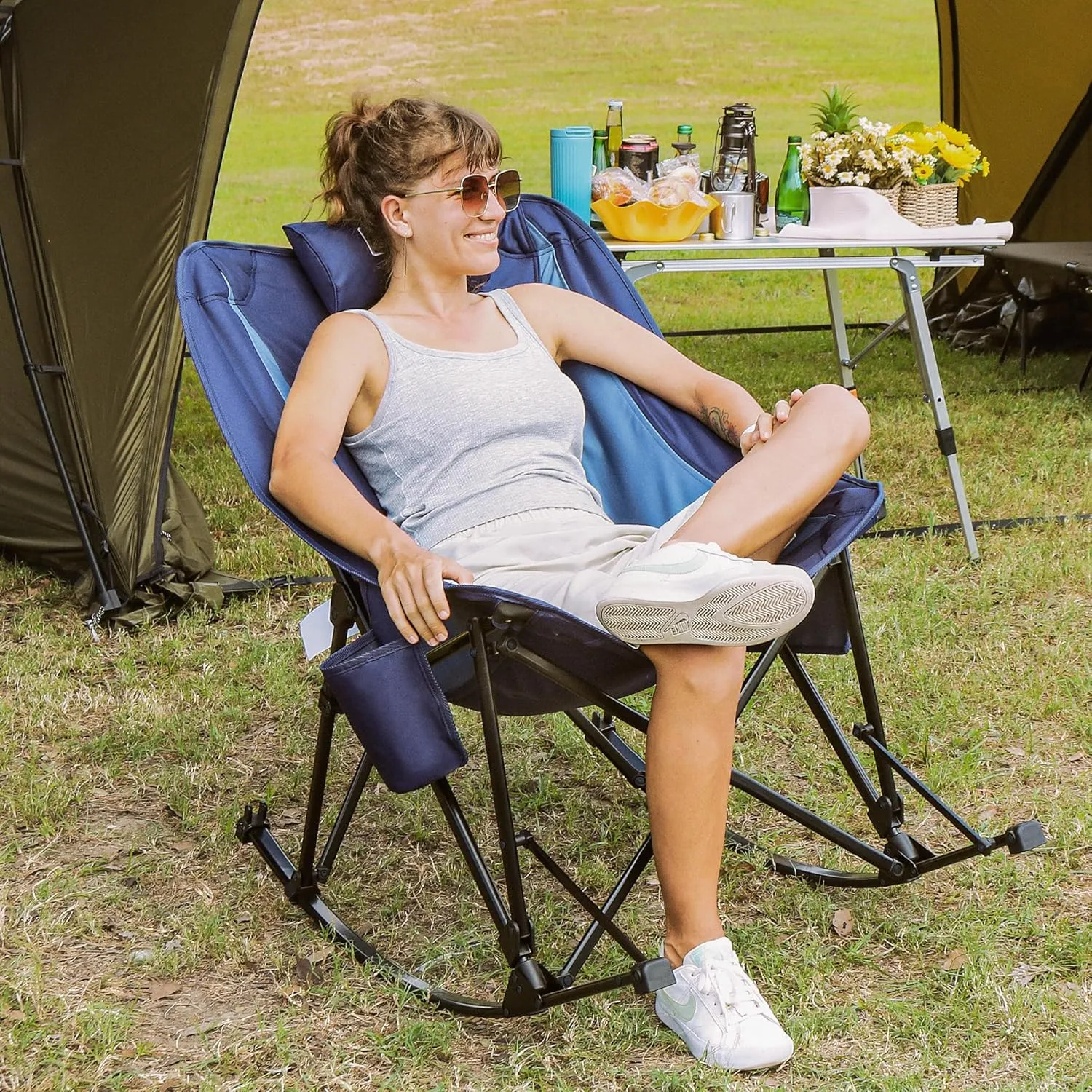 Rocking Camping Chair, Heavy Duty, High Back Oversized Portable Folding Chair with Side Cup Holders, Pocket for Beach, Fishing,Trip,Picnic,Lawn,Concert Outdoor Foldable Camp Chairs, Blue