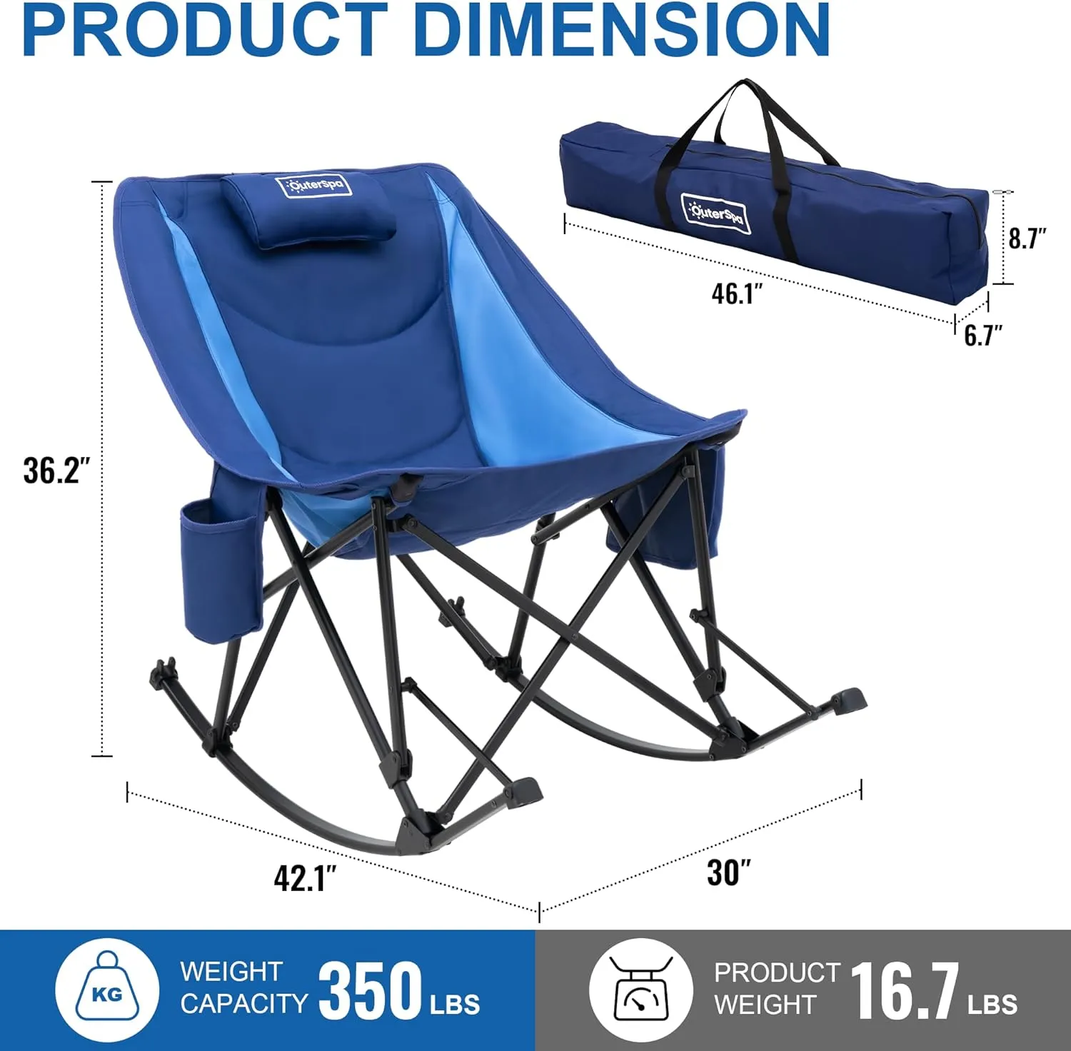 Rocking Camping Chair, Heavy Duty, High Back Oversized Portable Folding Chair with Side Cup Holders, Pocket for Beach, Fishing,Trip,Picnic,Lawn,Concert Outdoor Foldable Camp Chairs, Blue