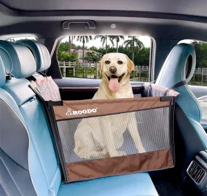 ROODO Medium Large Dog Car Seat Waterproof Oxford Cloth Hard Bottom Half seat Breathable Hammock Adjustable Seat Belt and Fixing Strap Pet Car Travel System Easy Storage and Portability(Brown)