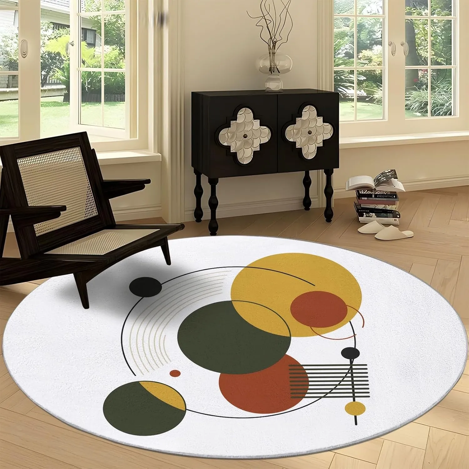 Round Rug White 6ft Geometric Flat Graphics Area Indoor Circle Rug Round Washable Rug, Floor Mat Print Non Slip Carpet Kitchen Living Room Dining Room Playroom Decor