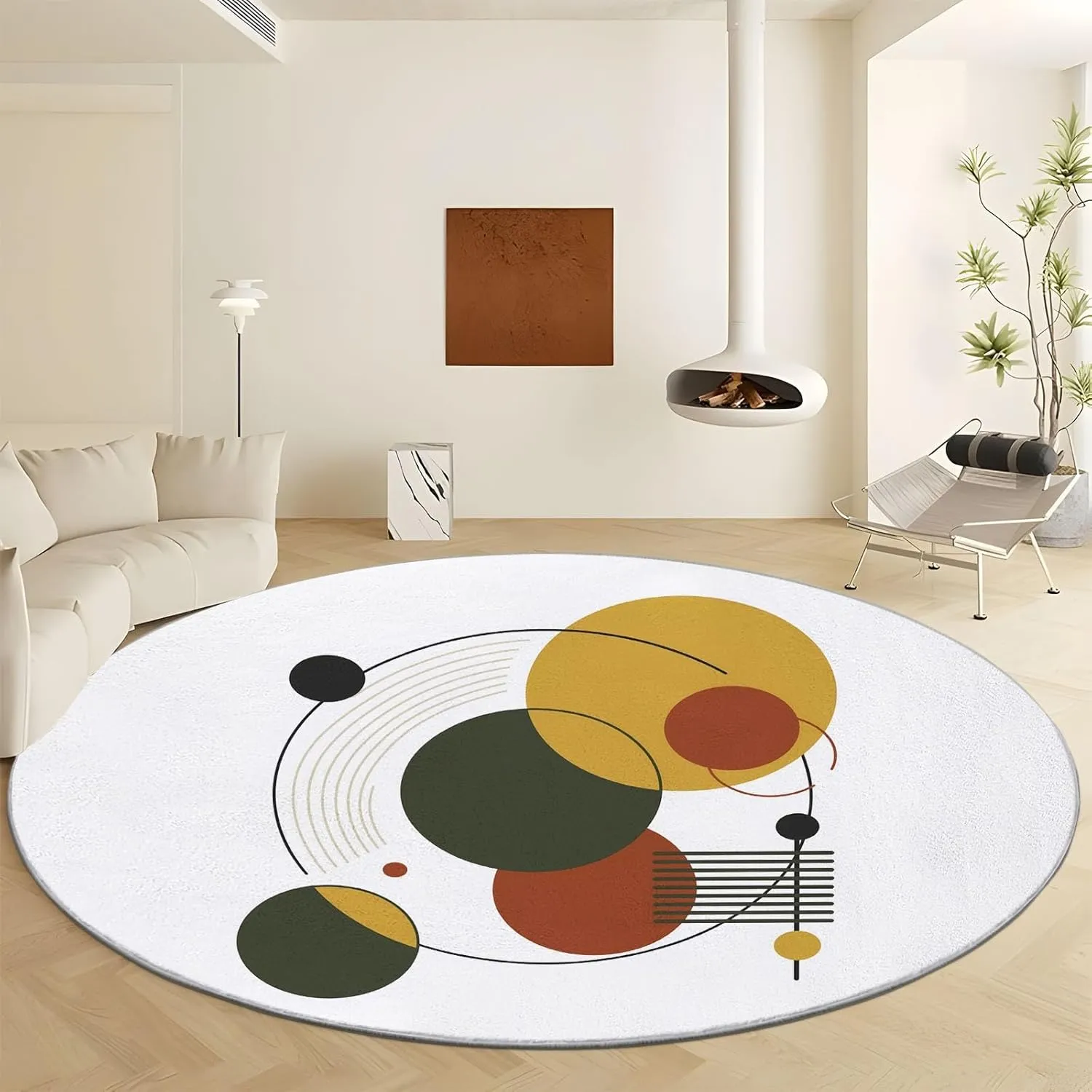 Round Rug White 6ft Geometric Flat Graphics Area Indoor Circle Rug Round Washable Rug, Floor Mat Print Non Slip Carpet Kitchen Living Room Dining Room Playroom Decor