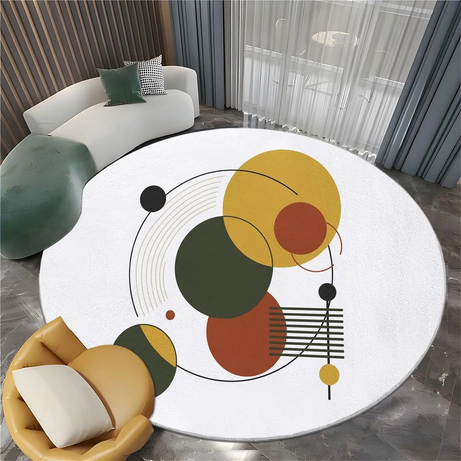 Round Rug White 6ft Geometric Flat Graphics Area Indoor Circle Rug Round Washable Rug, Floor Mat Print Non Slip Carpet Kitchen Living Room Dining Room Playroom Decor