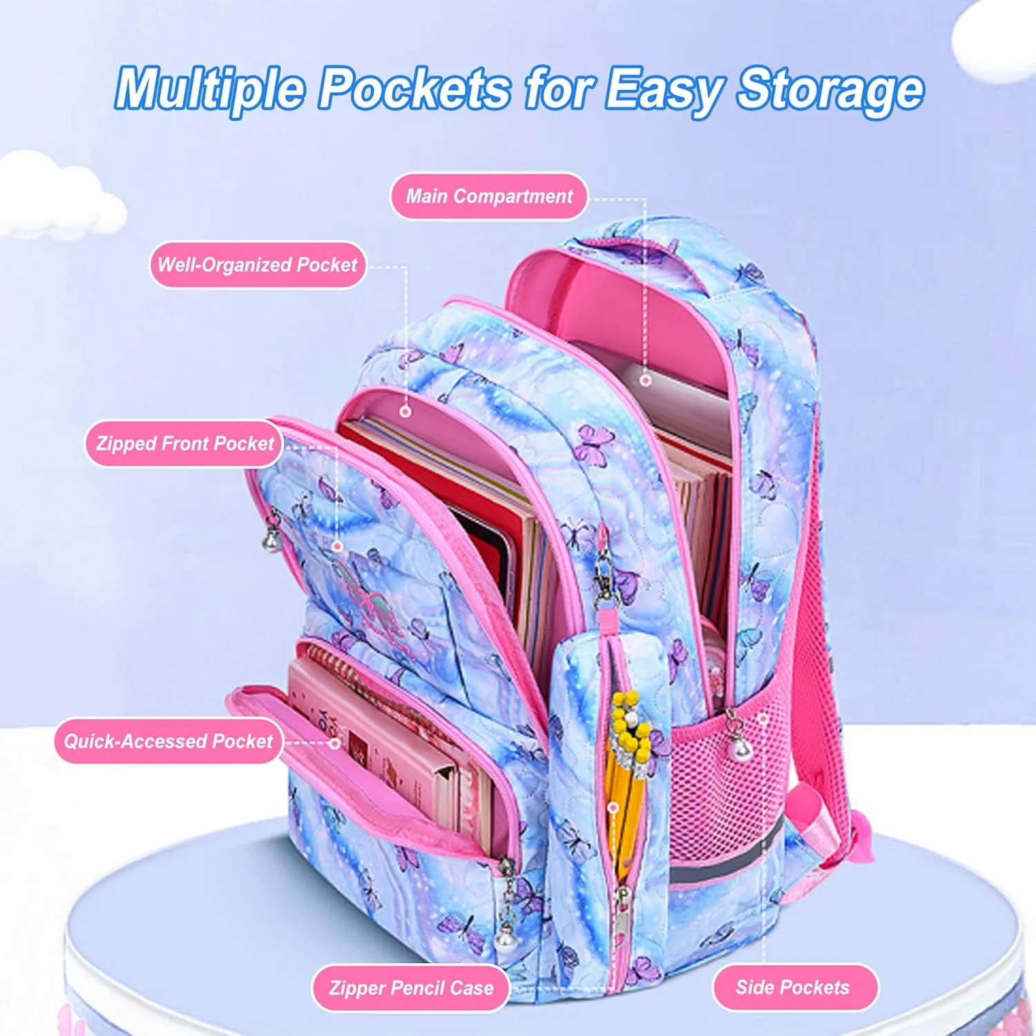 Rubytor 3PCS Kawaii Backpack Set Cute Laptop Bag, 17in Dreamy Butterfly Daypack Blue Large Capacity Double Shoulder Backpack, Lightweight Portable Lunch Box Tie-Dye Pencil Case