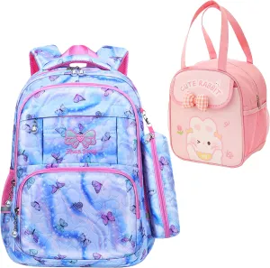 Rubytor 3PCS Kawaii Backpack Set Cute Laptop Bag, 17in Dreamy Butterfly Daypack Blue Large Capacity Double Shoulder Backpack, Lightweight Portable Lunch Box Tie-Dye Pencil Case