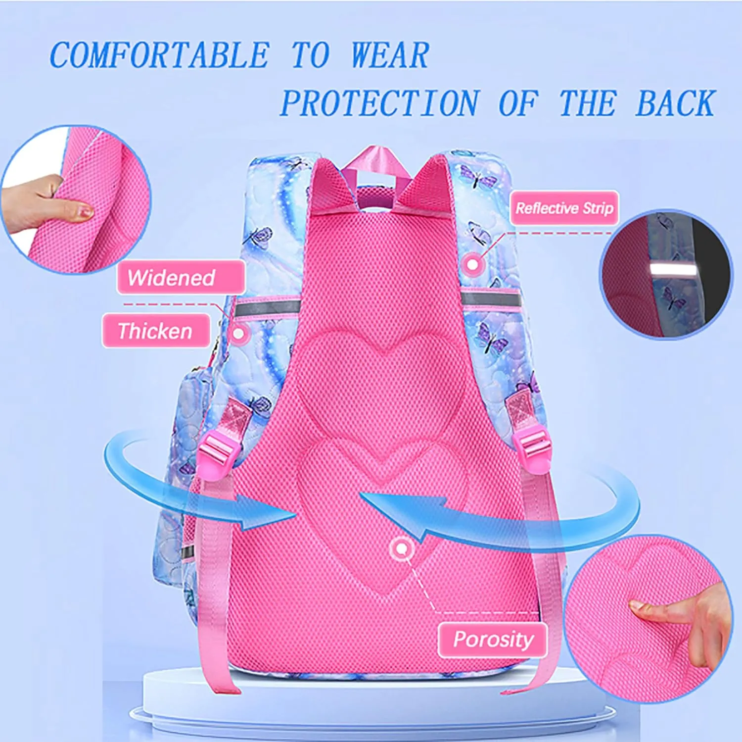 Rubytor 3PCS Kawaii Backpack Set Cute Laptop Bag, 17in Dreamy Butterfly Daypack Blue Large Capacity Double Shoulder Backpack, Lightweight Portable Lunch Box Tie-Dye Pencil Case