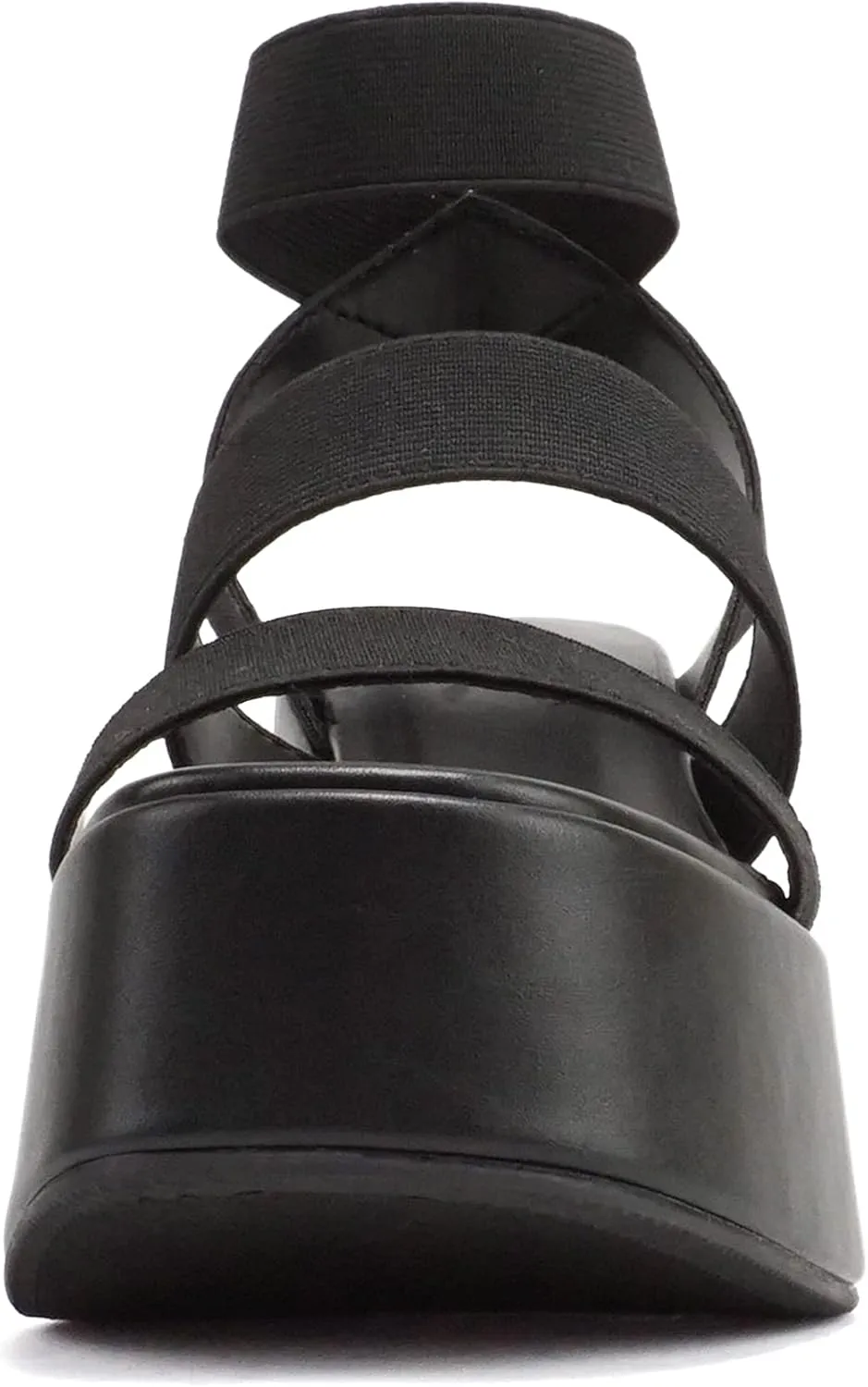 Soda “CONEY” ~ Women Open Square Toe Platform Flatform Double Elastic Band Ankle Strap Wedge Sandal