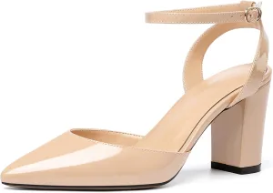 Soireelady Womens Chunky High Heels Pointed Toe Block Heels Ankle Strap Wrap Sandal Pumps Patent Leather Cut Out Design Classic Daily Dress Shoes