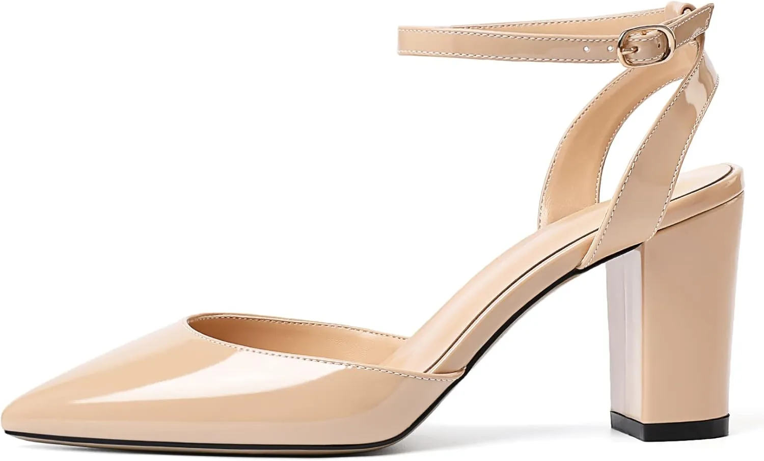Soireelady Womens Chunky High Heels Pointed Toe Block Heels Ankle Strap Wrap Sandal Pumps Patent Leather Cut Out Design Classic Daily Dress Shoes