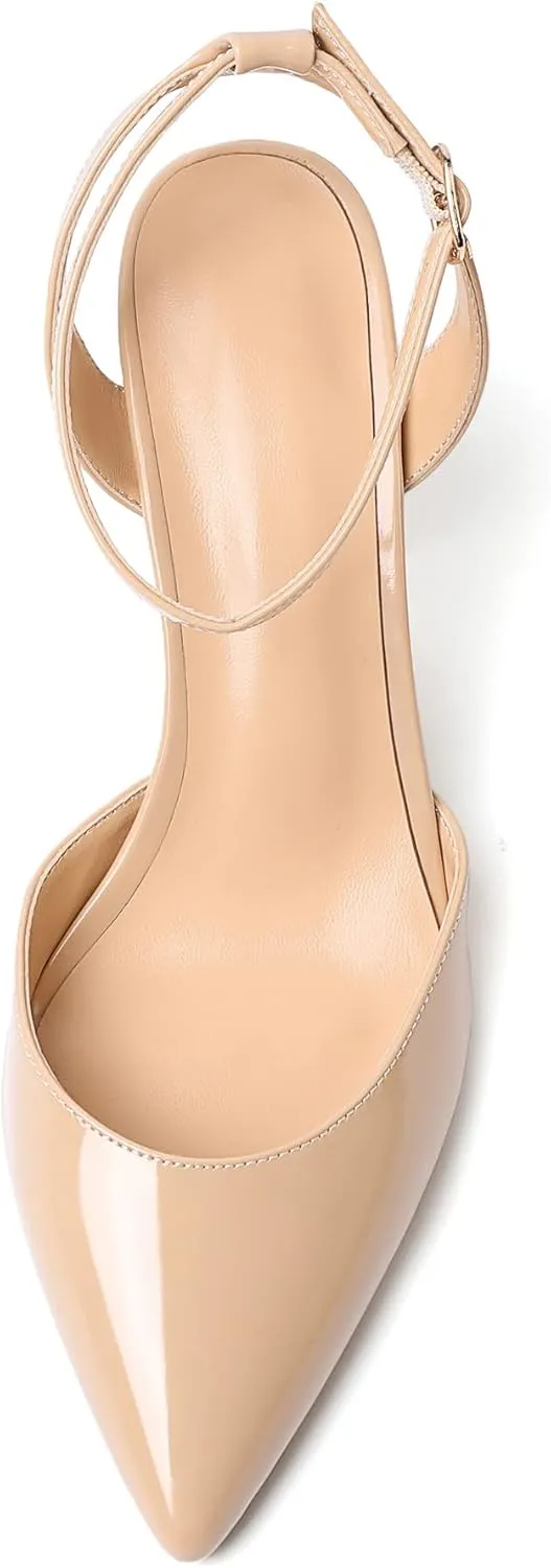 Soireelady Womens Chunky High Heels Pointed Toe Block Heels Ankle Strap Wrap Sandal Pumps Patent Leather Cut Out Design Classic Daily Dress Shoes