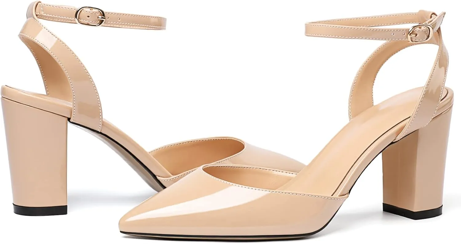 Soireelady Womens Chunky High Heels Pointed Toe Block Heels Ankle Strap Wrap Sandal Pumps Patent Leather Cut Out Design Classic Daily Dress Shoes