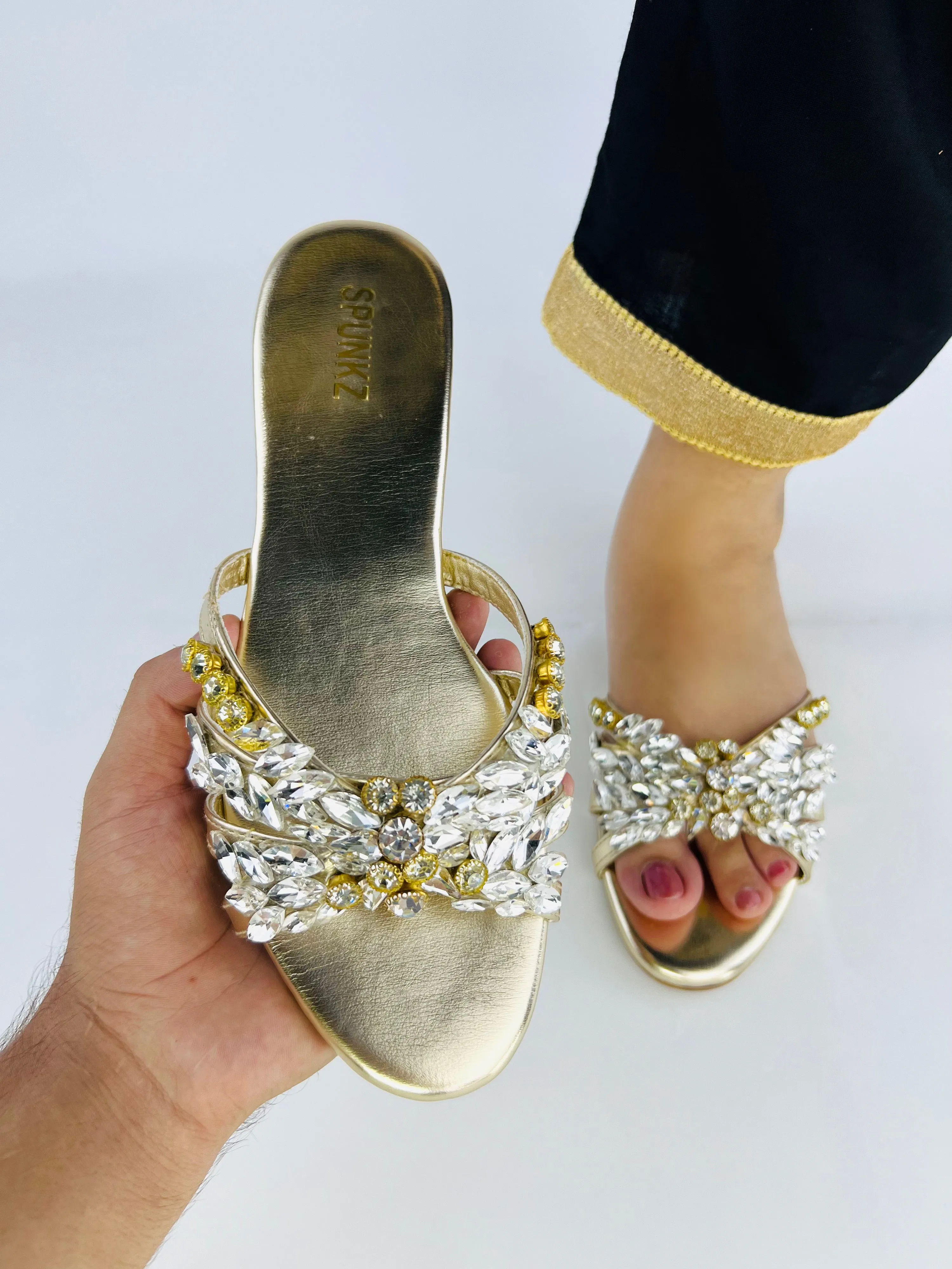 Spunkz Crystal Stones Embellished Golden Flat Sandals-11020