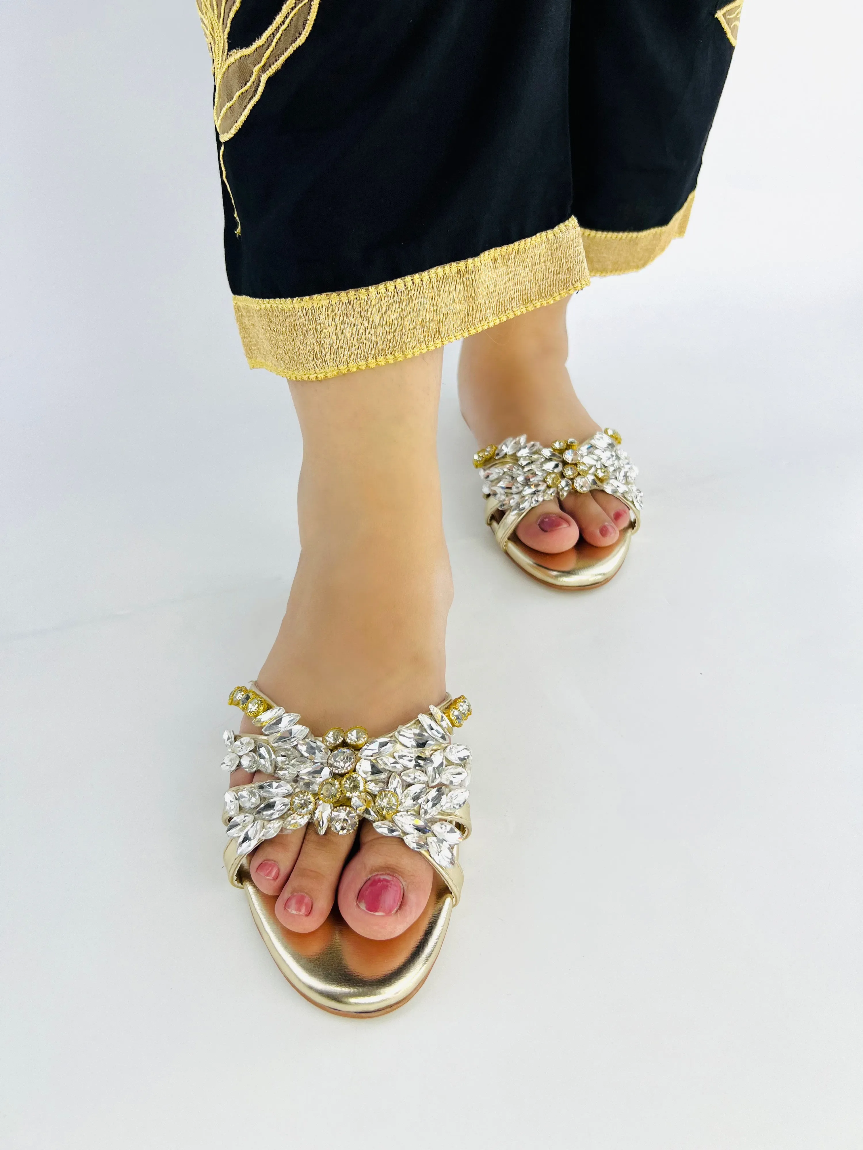 Spunkz Crystal Stones Embellished Golden Flat Sandals-11020