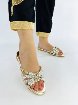 Spunkz Crystal Stones Embellished Golden Flat Sandals-11020